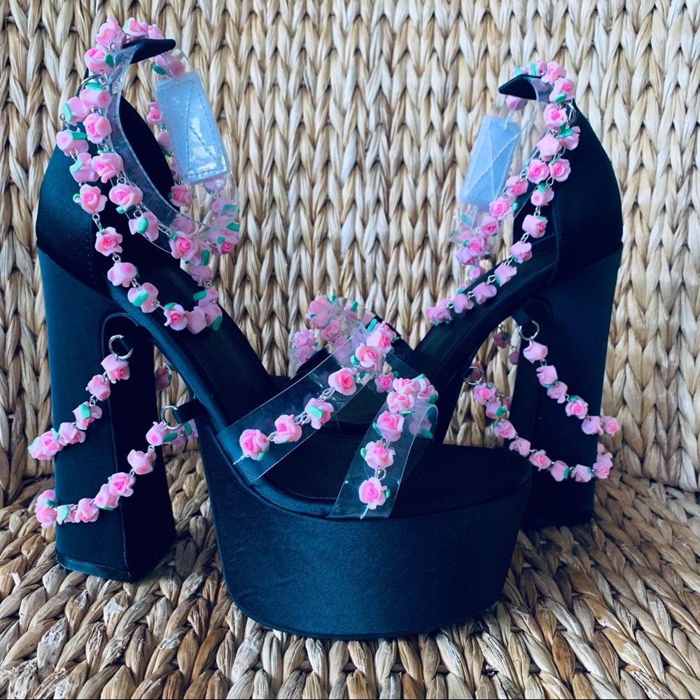 New Sugar Thrillz x Dolls Kill Black Satin Platform Heels